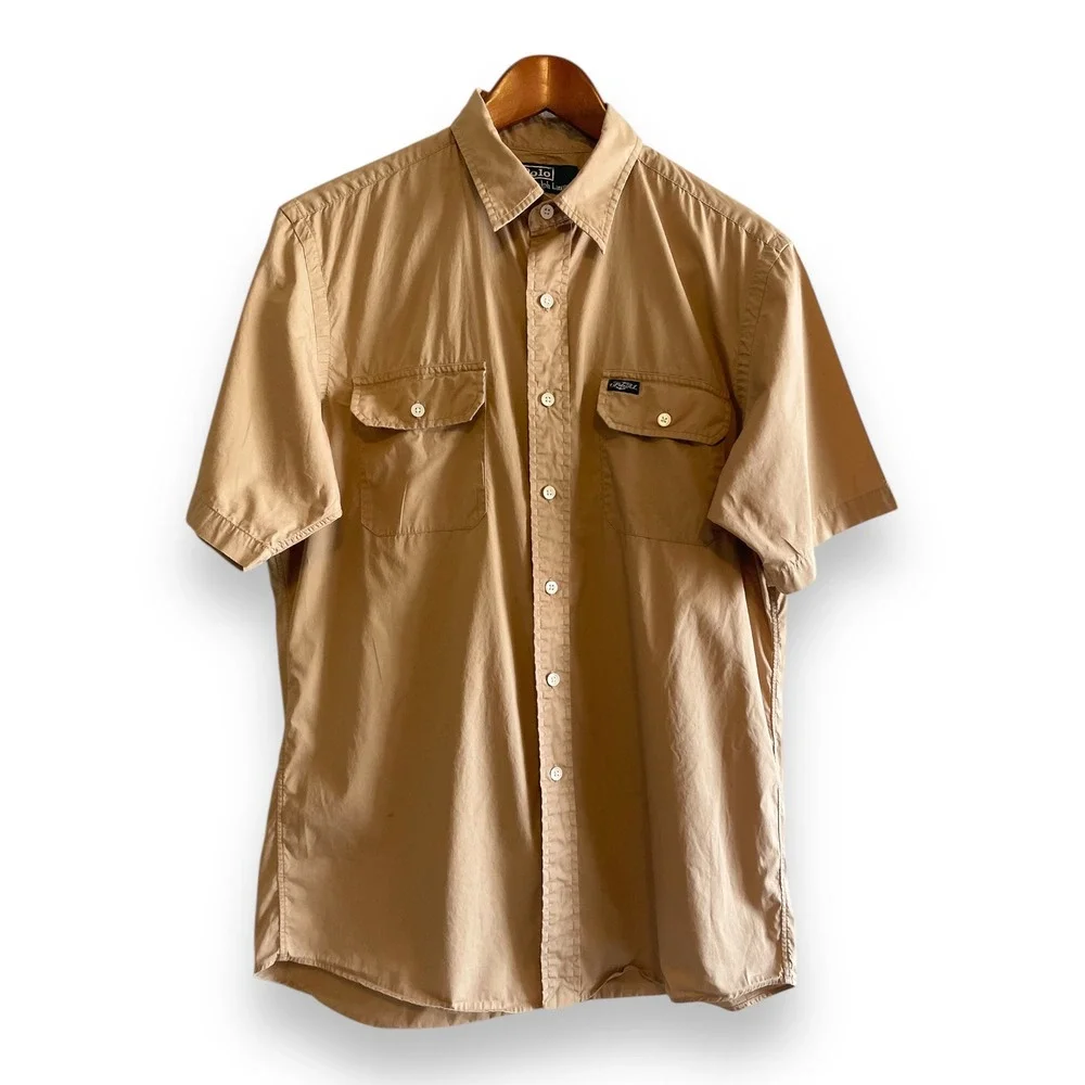 Polo Ralph Lauren Mens Medium Khaki Tan Short Sleeve Utility Button Down Shirt